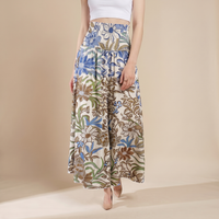 Sunoire vintage floral print high waist shirred elastic waist wide leg pants bottom front crop 01