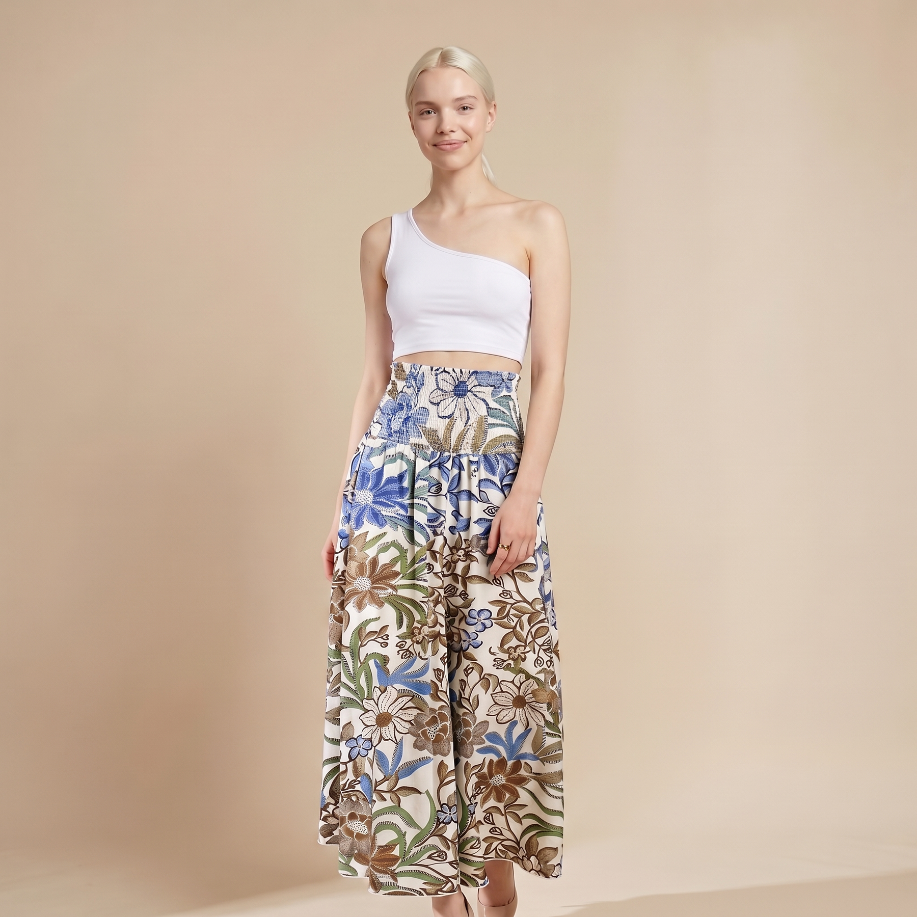 Sunoire vintage floral print high waist shirred elastic waist wide leg pants colorway coffee front crop 01