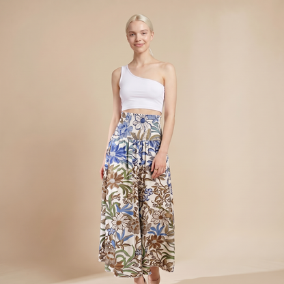 Sunoire vintage floral print high waist shirred elastic waist wide leg pants colorway coffee front crop 01