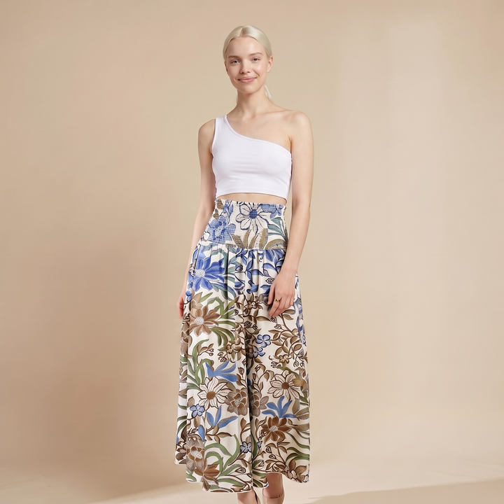 Mara Vintage Floral Wide-Leg Pants — Coffee