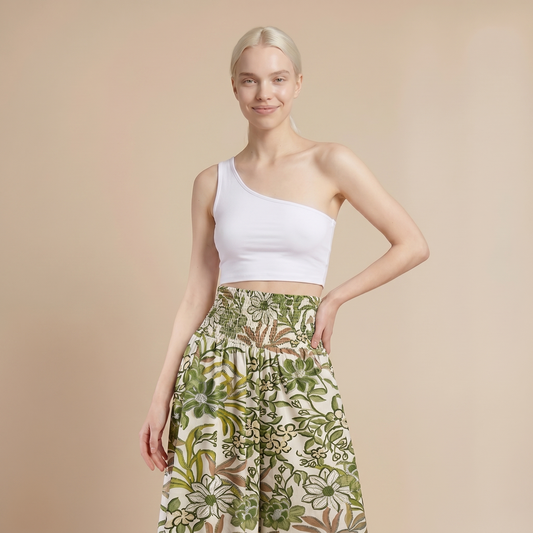 Sunoire vintage floral print high waist shirred elastic waist wide leg pants colorway green front crop 01