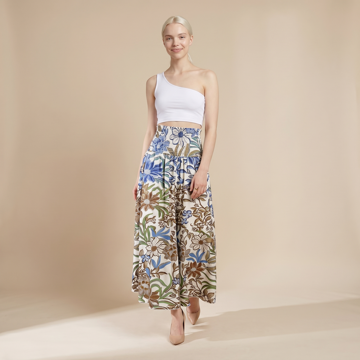 Sunoire vintage floral print high waist shirred elastic waist wide leg pants front hero 01