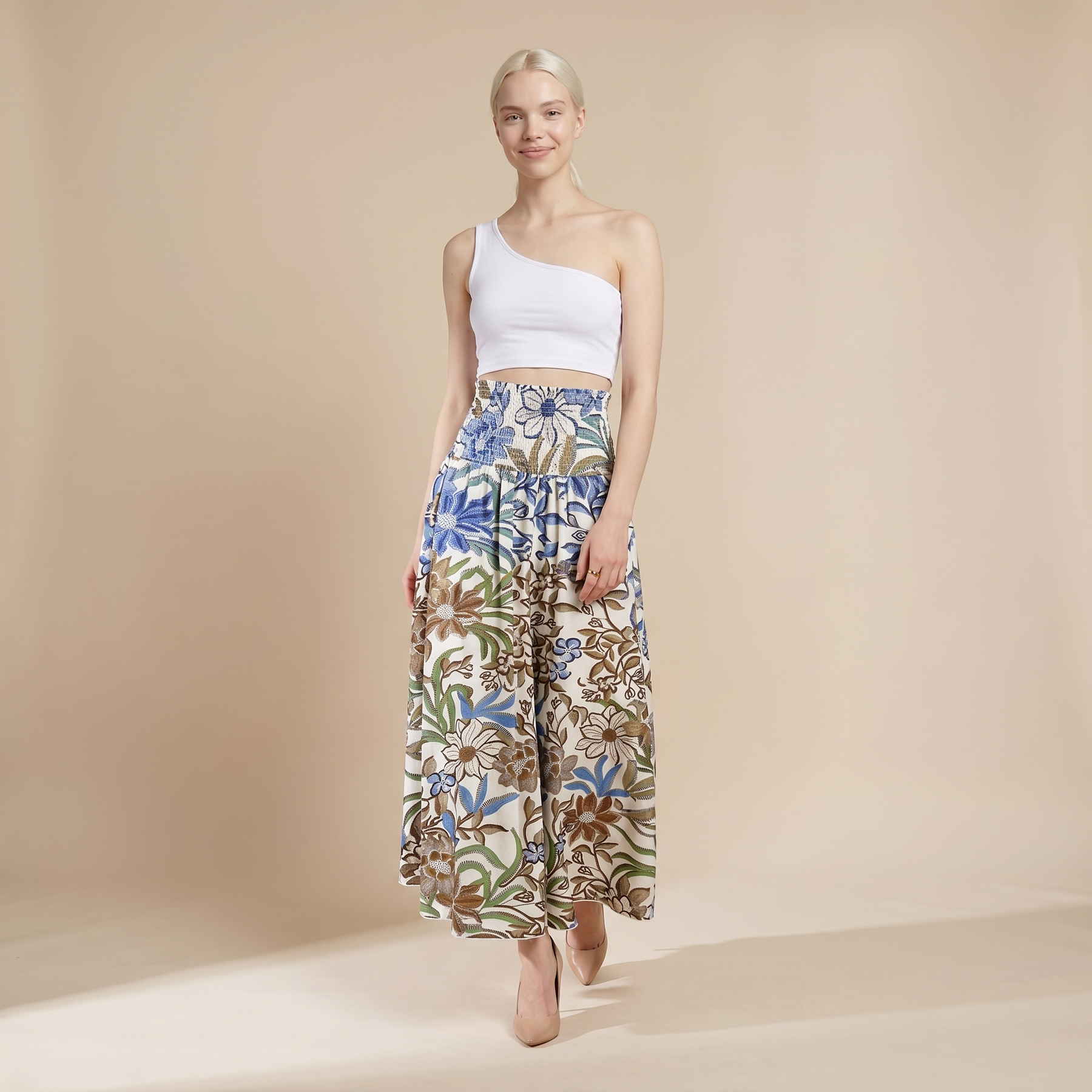 Sunoire vintage floral print high waist shirred elastic waist wide leg pants front hero 01