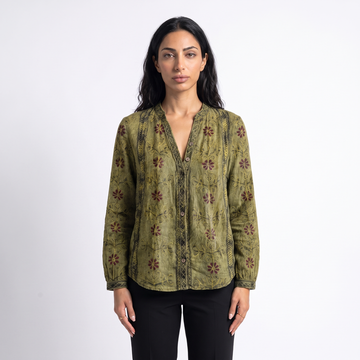 Sunoire wena womens linen long sleeve button down blouse colorway light olive green front crop 01