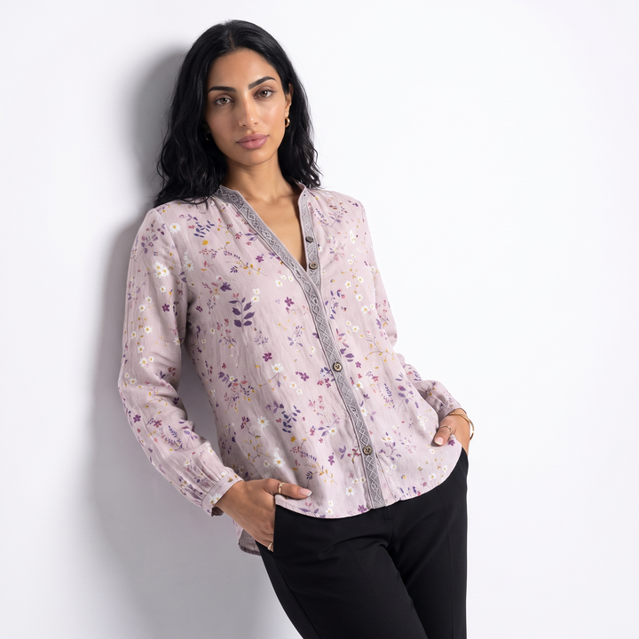 Linen Long Sleeve Blouse – Purple Wedding Guest Blouse — Light Pink