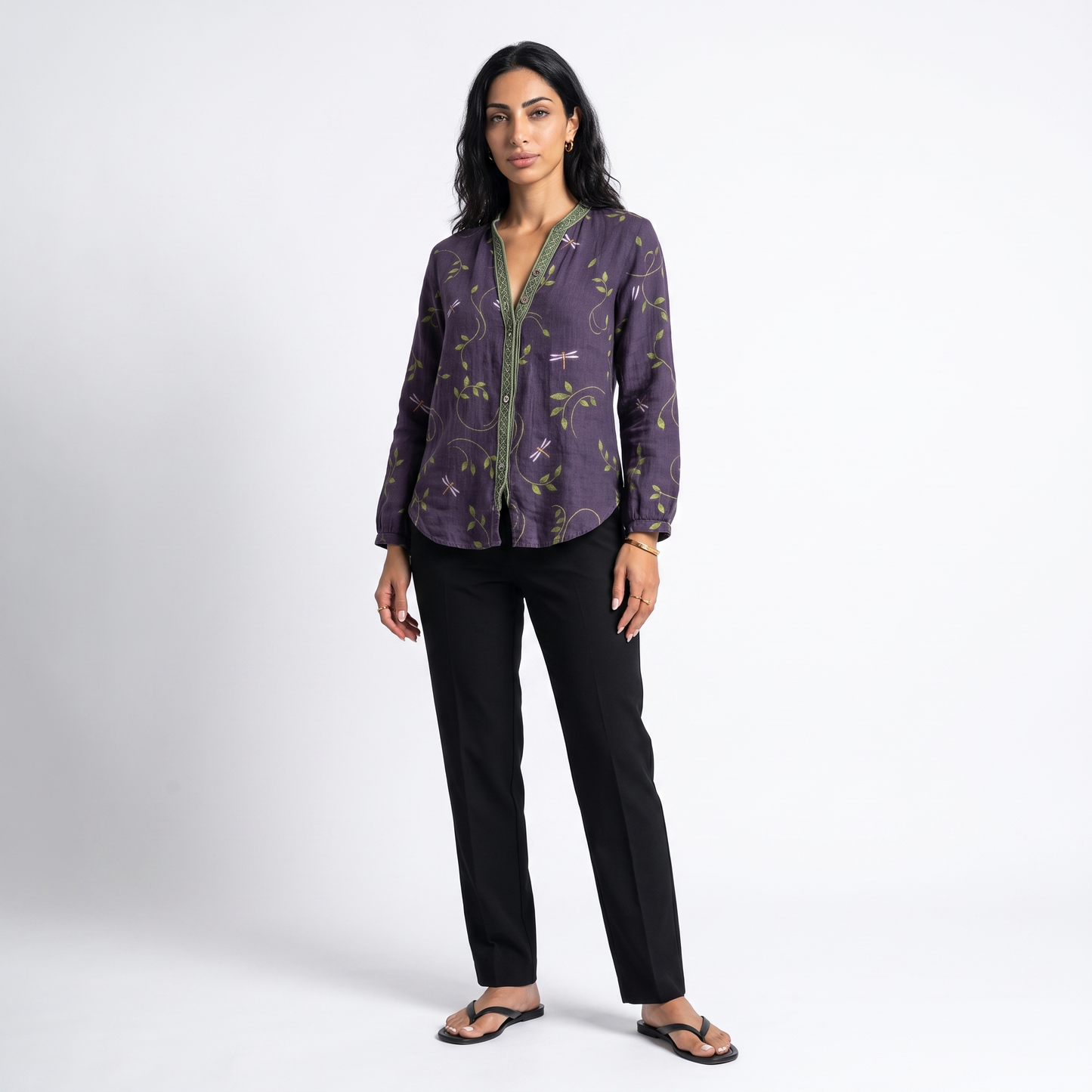 Sunoire wena womens linen long sleeve button down blouse front hero 01