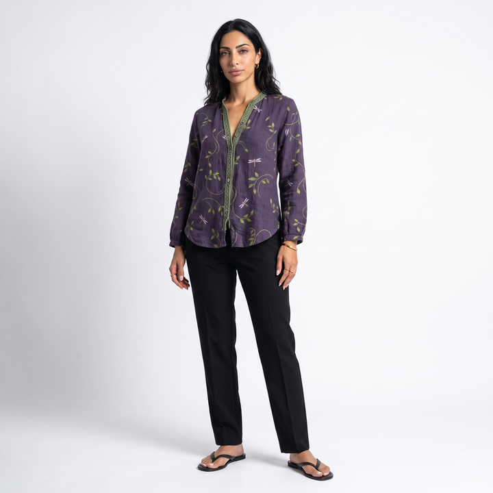 Sunoire wena womens linen long sleeve button down blouse front hero 01