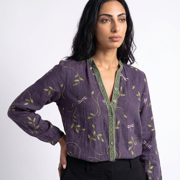 Sunoire wena womens linen long sleeve button down blouse top detail 01