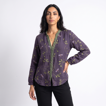 Sunoire wena womens linen long sleeve button down blouse top front crop 01