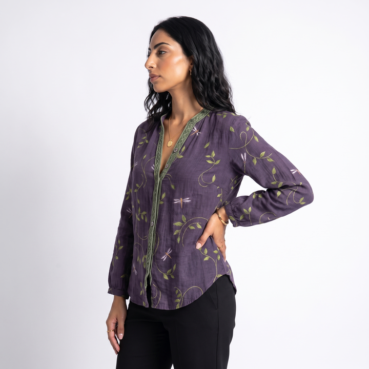 Sunoire wena womens linen long sleeve button down blouse top side crop 01