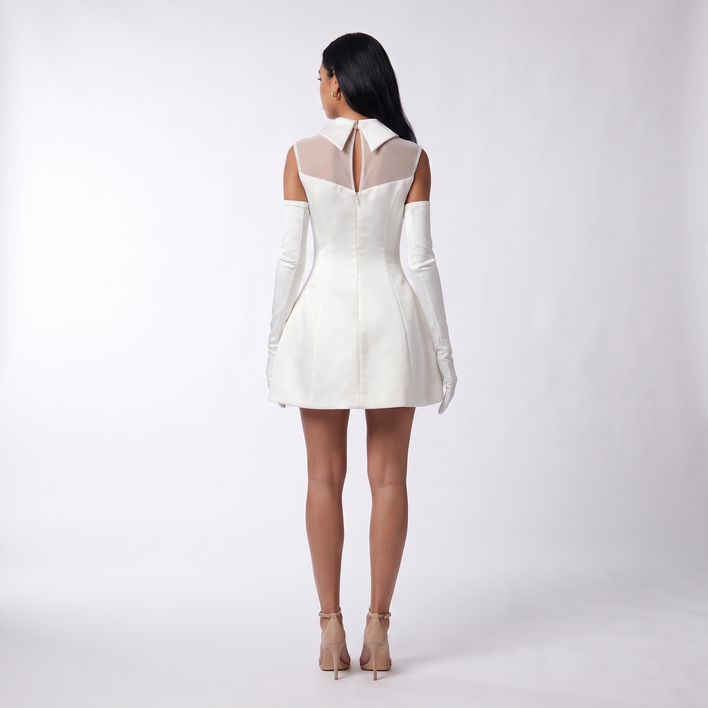 Sunoire white bridal mini dress pearls turn down collar mesh see through a line bustle skirt short dress with gloves wedding gowns back view 01
