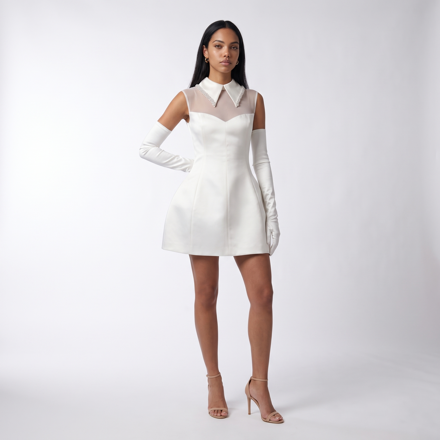 Sunoire white bridal mini dress pearls turn down collar mesh see through a line bustle skirt short dress with gloves wedding gowns front hero 01