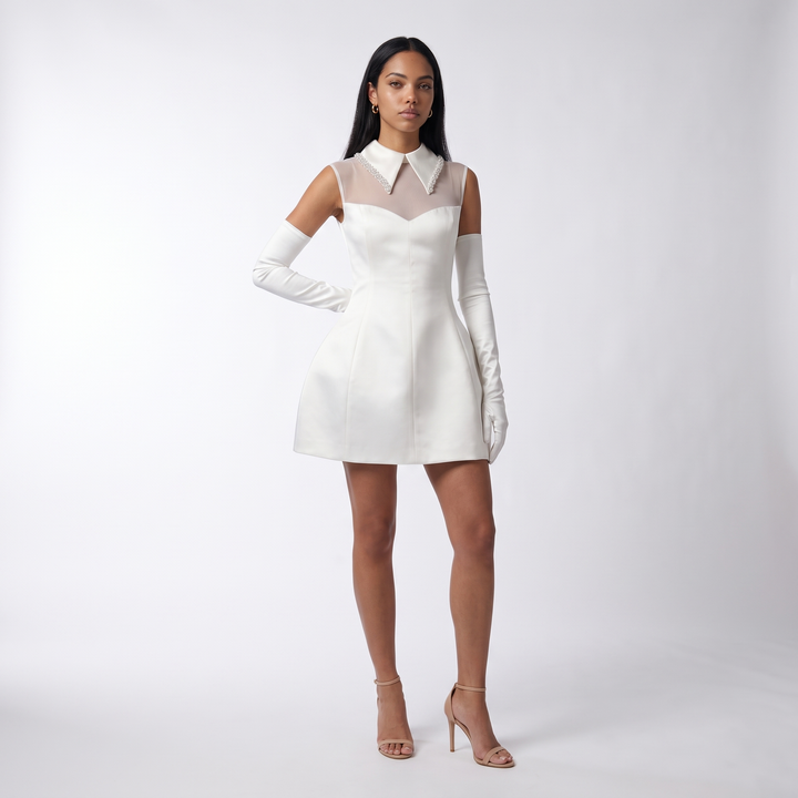 Sunoire white bridal mini dress pearls turn down collar mesh see through a line bustle skirt short dress with gloves wedding gowns front hero 01