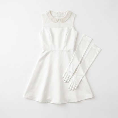 Sunoire white bridal mini dress pearls turn down collar mesh see through a line bustle skirt short dress with gloves wedding gowns garment flatlay 01