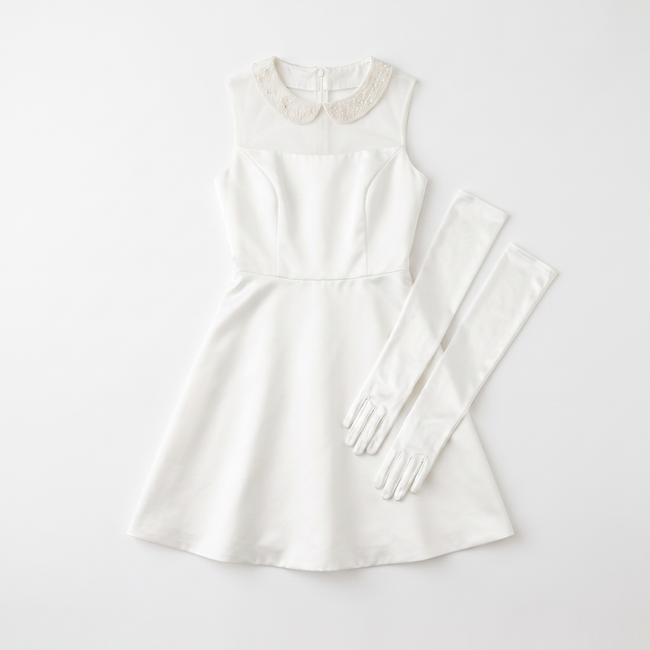 Sunoire white bridal mini dress pearls turn down collar mesh see through a line bustle skirt short dress with gloves wedding gowns garment flatlay 01