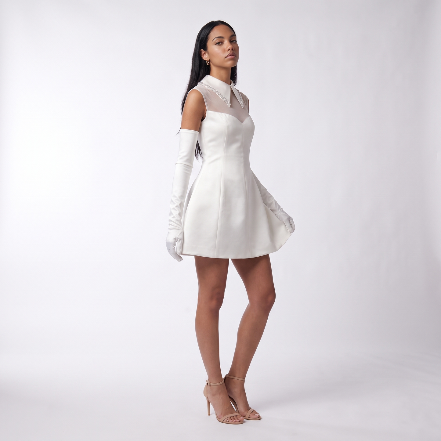 Sunoire white bridal mini dress pearls turn down collar mesh see through a line bustle skirt short dress with gloves wedding gowns three quarter 01