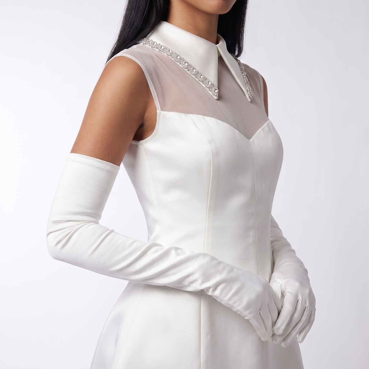 Sunoire white bridal mini dress pearls turn down collar mesh see through a line bustle skirt short dress with gloves wedding gowns worn detail 01