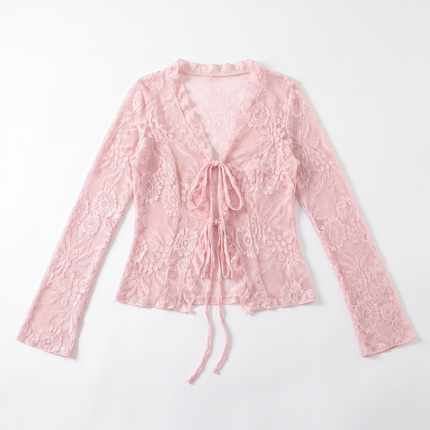 Sunoire white pink lace blouse women spring autumn sexy long sleeve v neck waist cinched flared sleeve ruffled cardigan for women garment flatlay 01