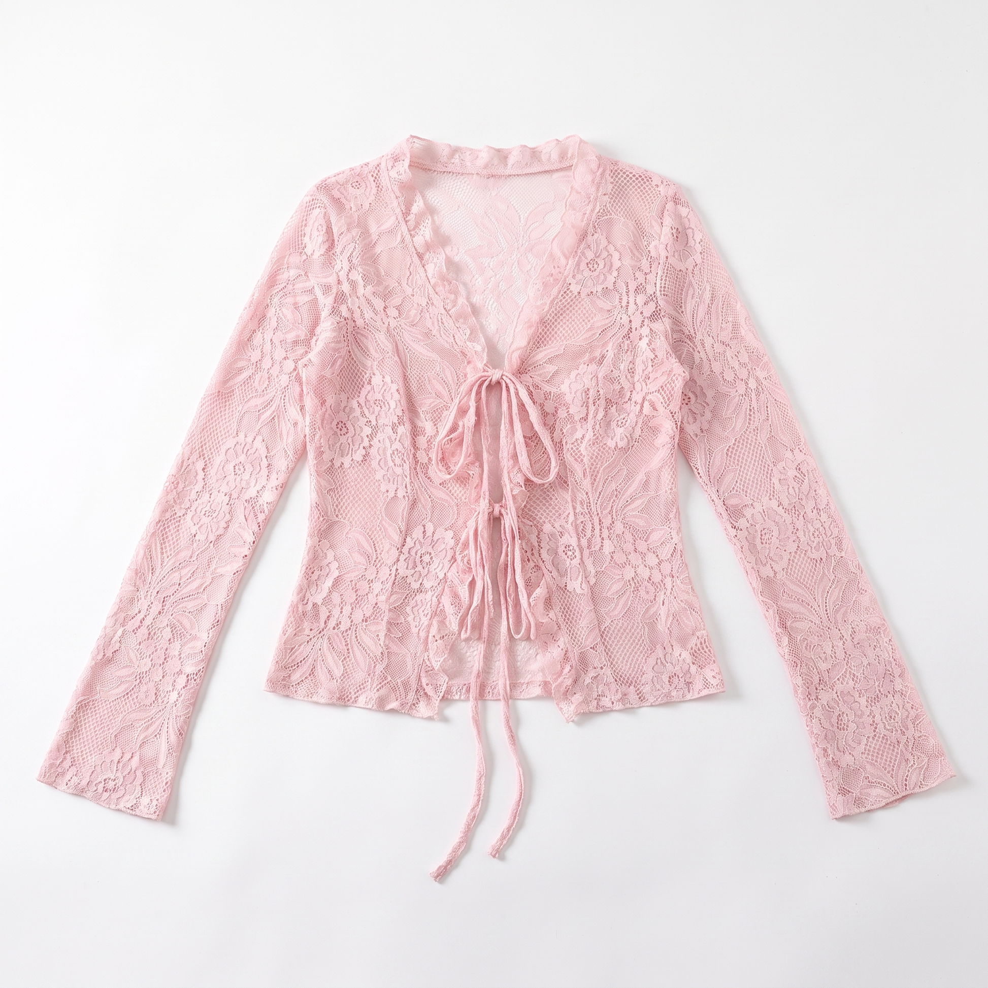 Sunoire white pink lace blouse women spring autumn sexy long sleeve v neck waist cinched flared sleeve ruffled cardigan for women garment flatlay 01