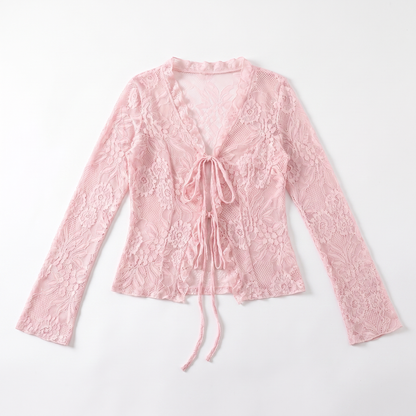 Sunoire white pink lace blouse women spring autumn sexy long sleeve v neck waist cinched flared sleeve ruffled cardigan for women garment flatlay 01
