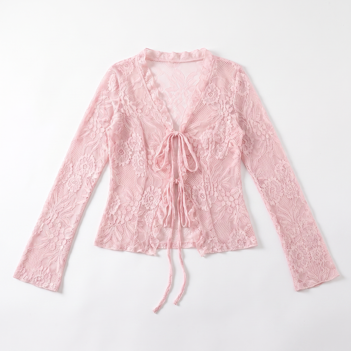 Sunoire white pink lace blouse women spring autumn sexy long sleeve v neck waist cinched flared sleeve ruffled cardigan for women garment flatlay 01