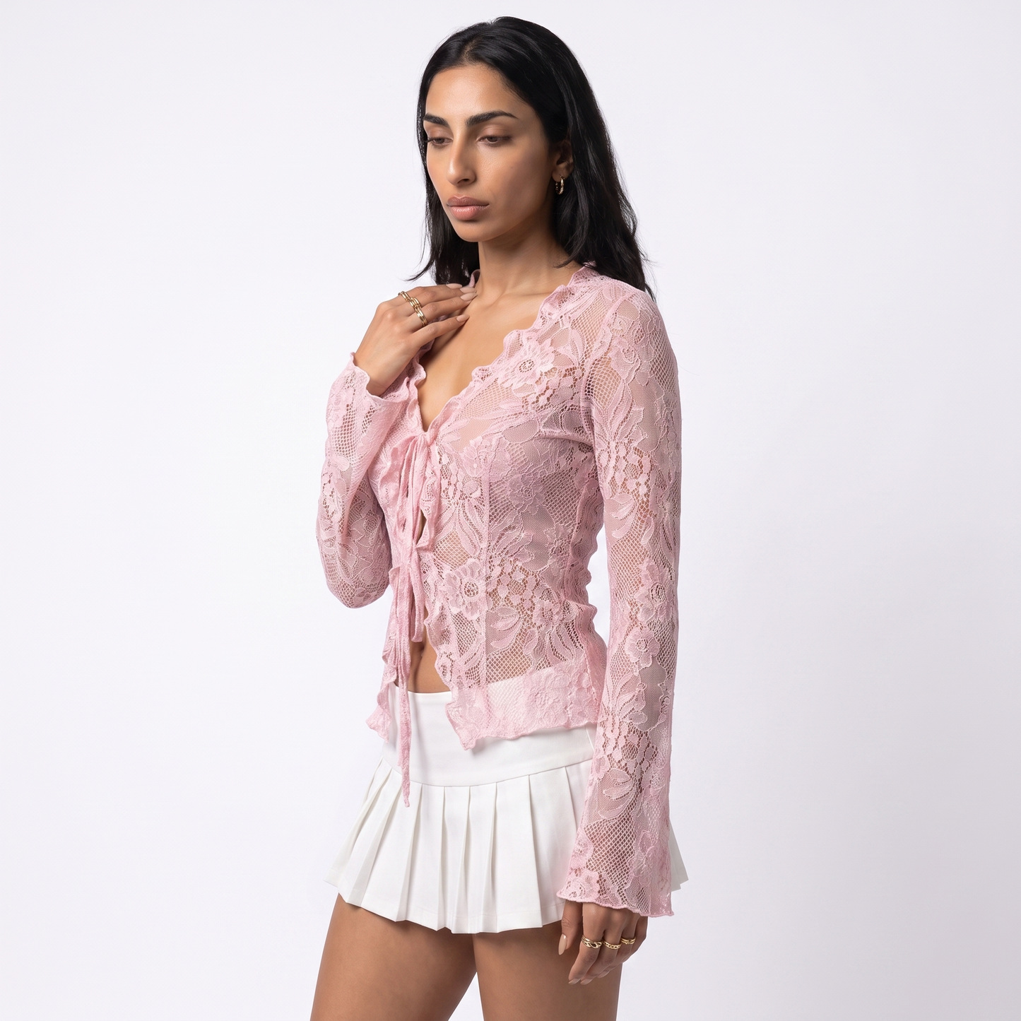 Sunoire white pink lace blouse women spring autumn sexy long sleeve v neck waist cinched flared sleeve ruffled cardigan for women top crop 3q 01
