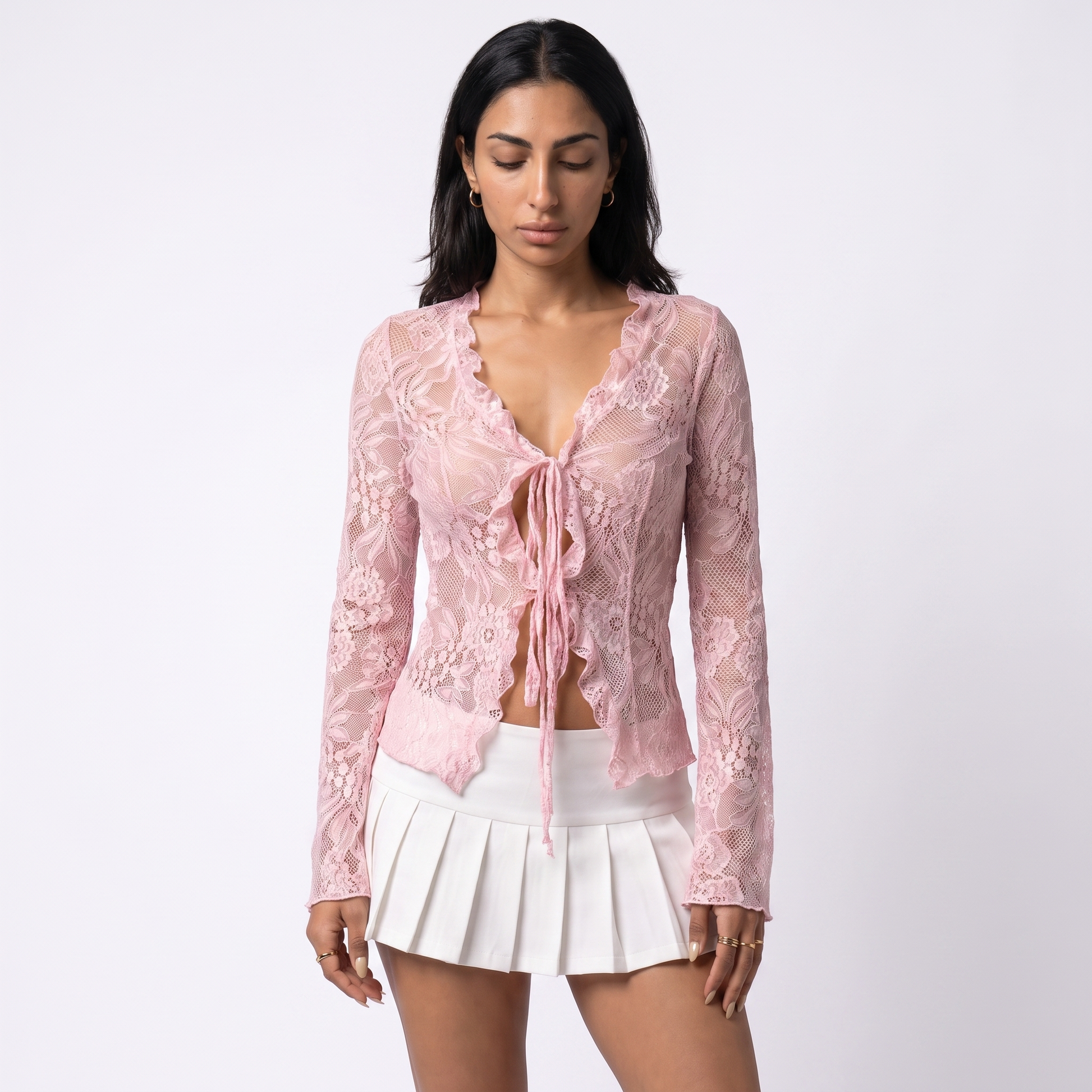 Sunoire white pink lace blouse women spring autumn sexy long sleeve v neck waist cinched flared sleeve ruffled cardigan for women top front crop 01