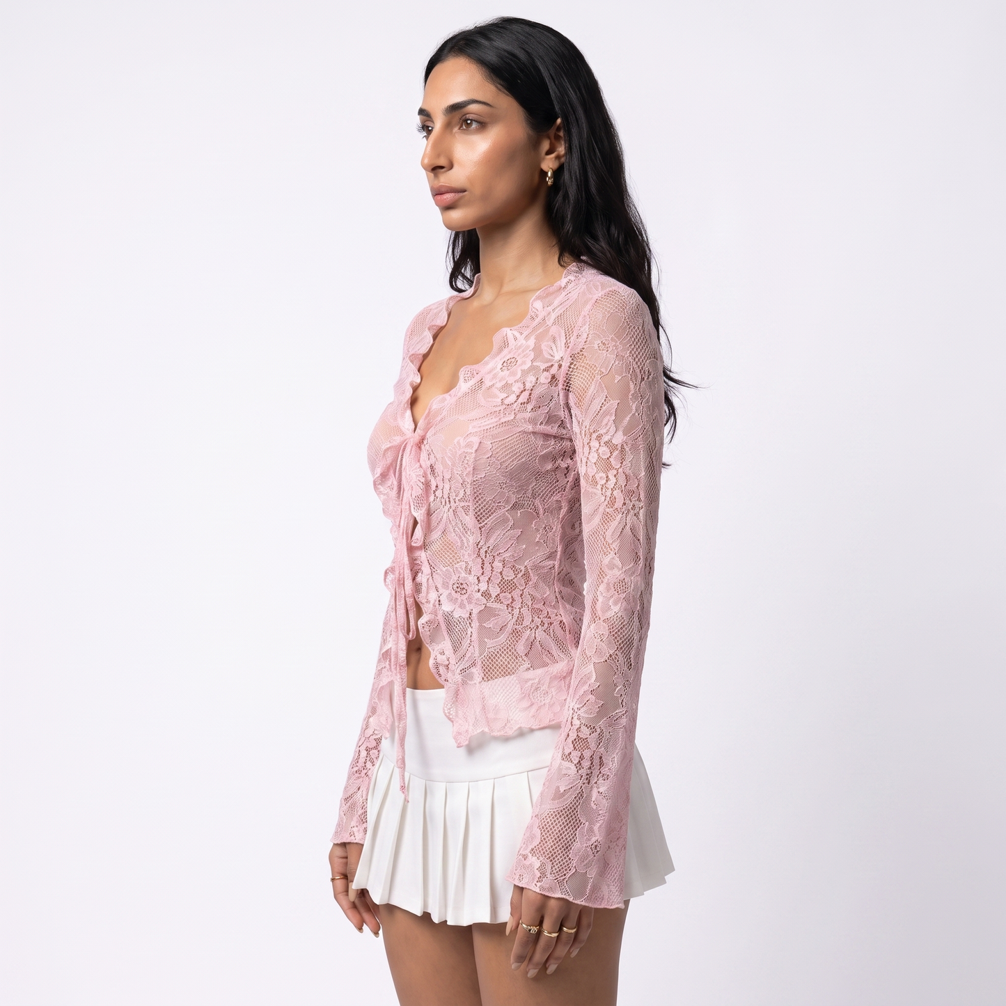 Sunoire white pink lace blouse women spring autumn sexy long sleeve v neck waist cinched flared sleeve ruffled cardigan for women top side crop 01