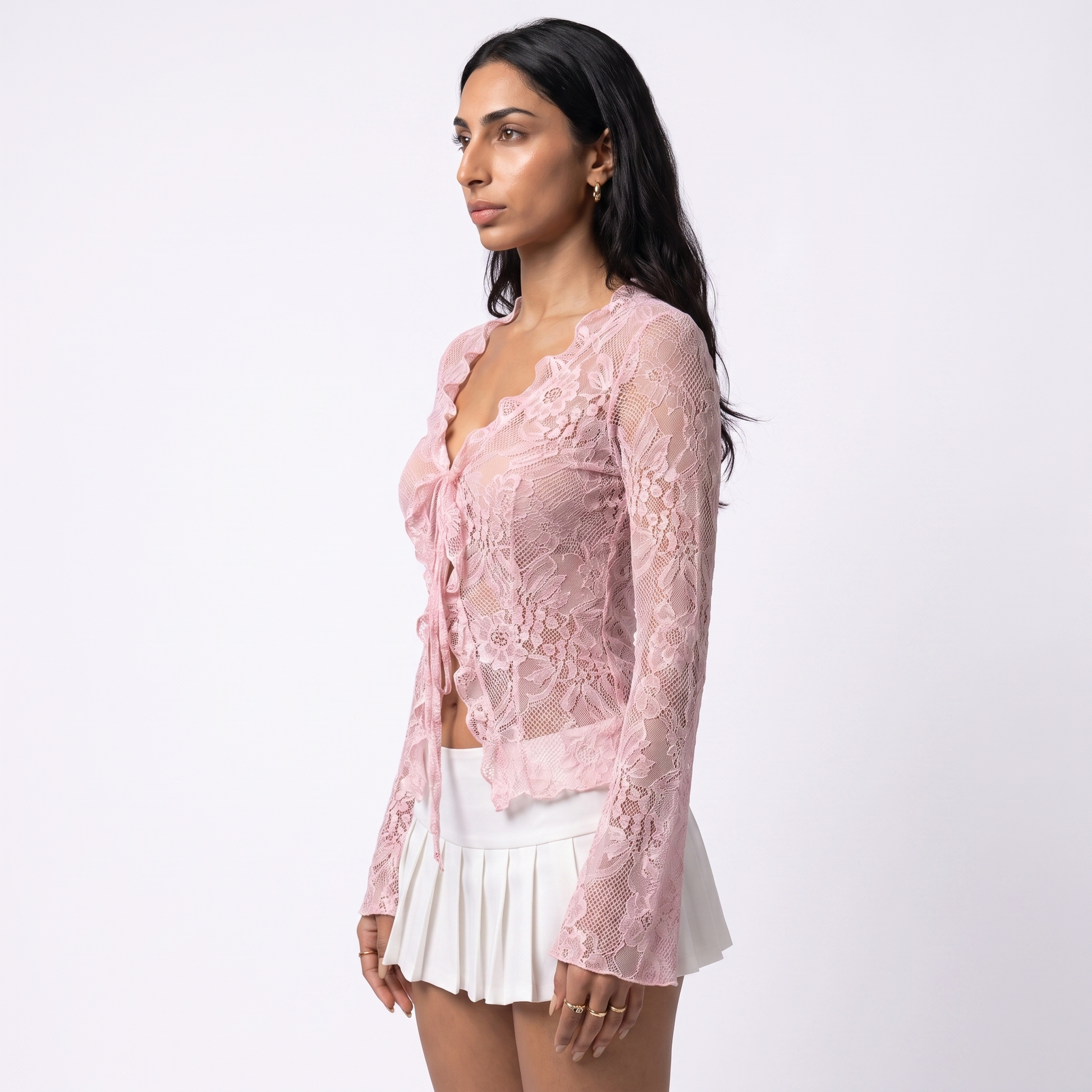 Sunoire white pink lace blouse women spring autumn sexy long sleeve v neck waist cinched flared sleeve ruffled cardigan for women top side crop 01