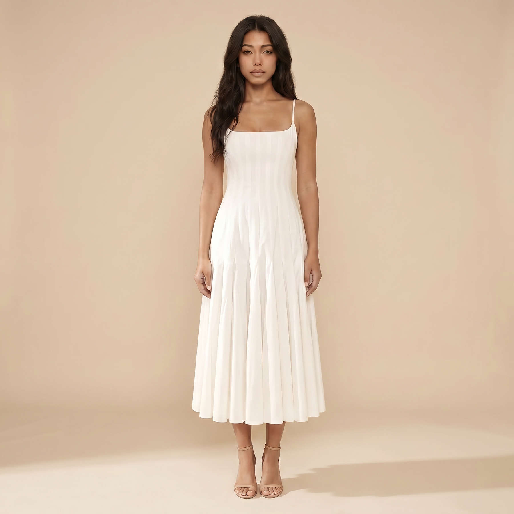 Sunoire white pleated cotton godet midi dress detail 01