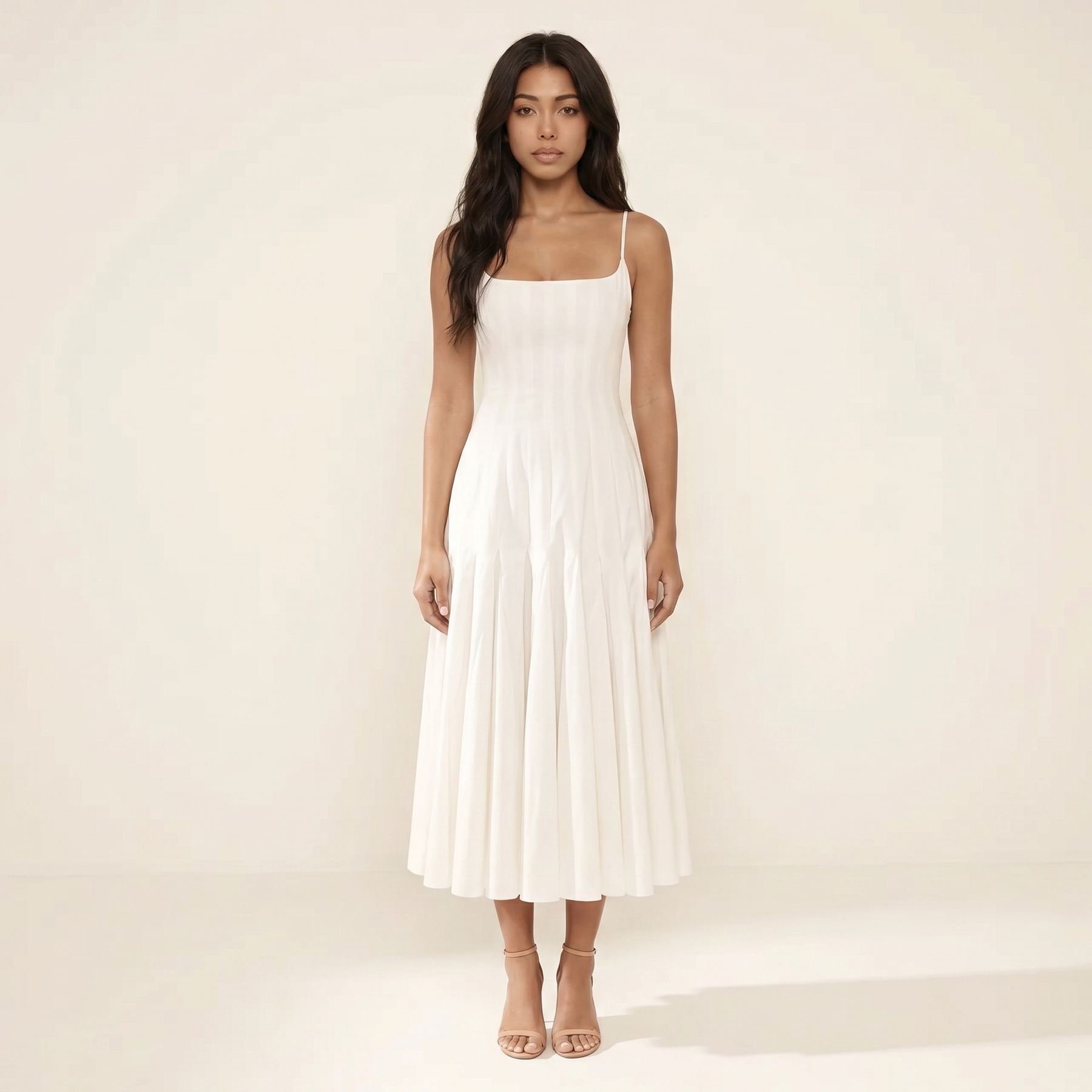 Sunoire white pleated cotton godet midi dress front hero 01