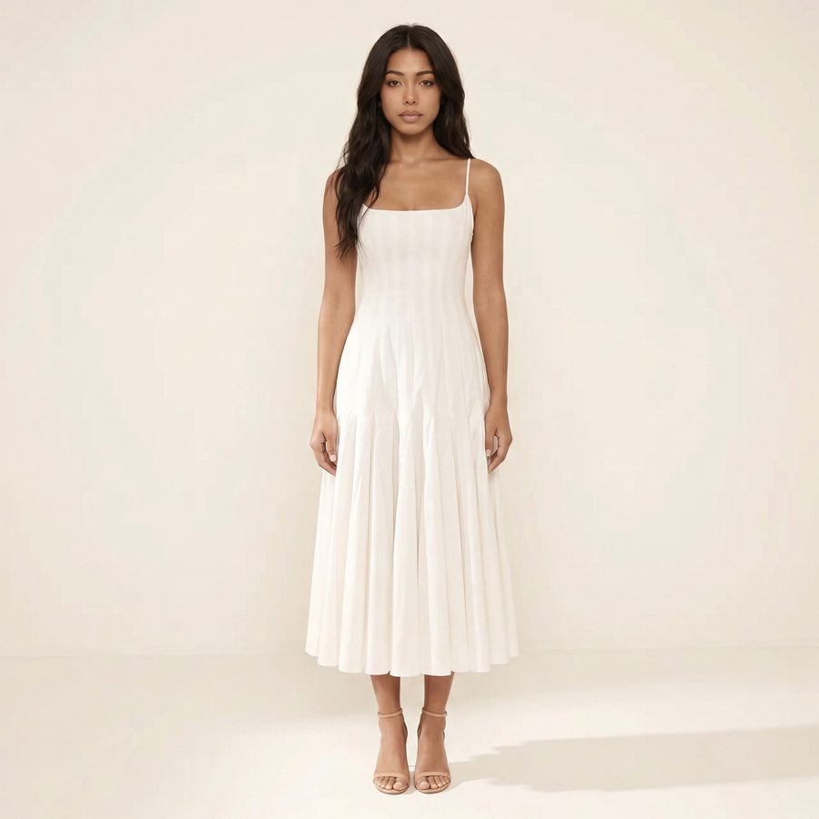 Sunoire white pleated cotton godet midi dress front hero 01