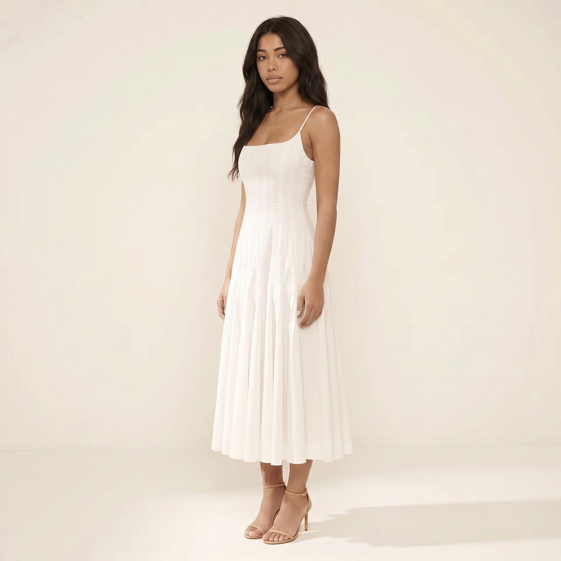 Sunoire white pleated cotton godet midi dress three quarter 01