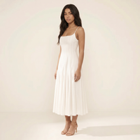 Sunoire white pleated cotton godet midi dress three quarter 01
