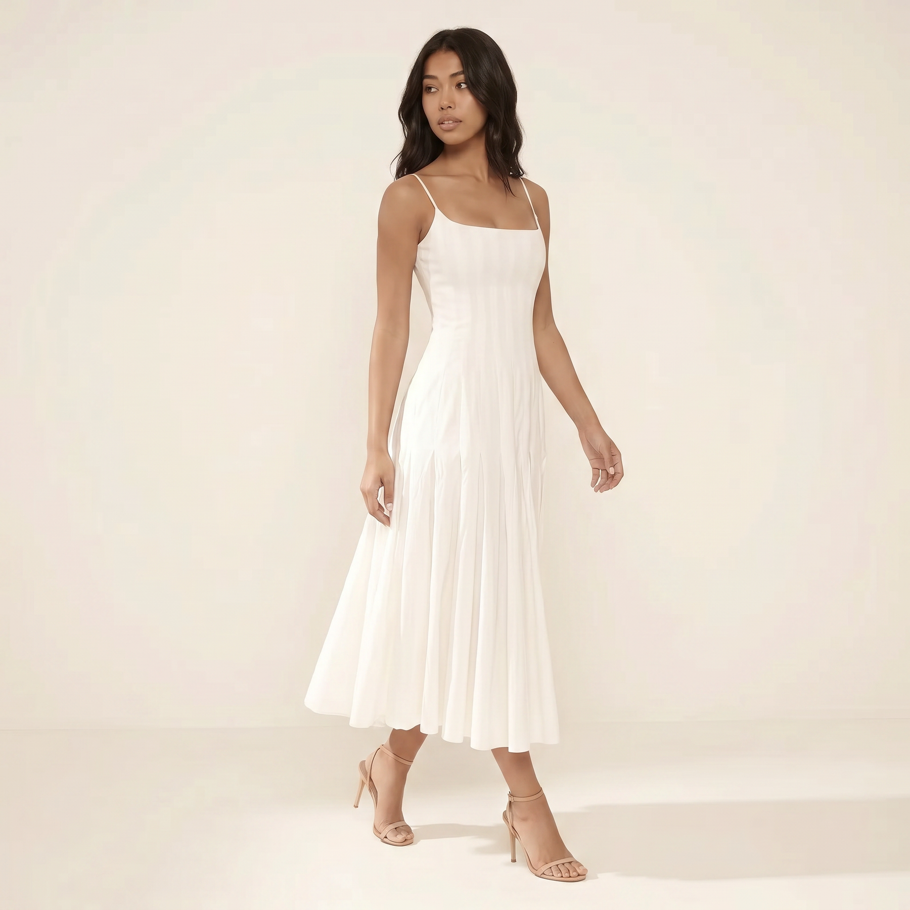 Sunoire white pleated cotton godet midi dress walking 01