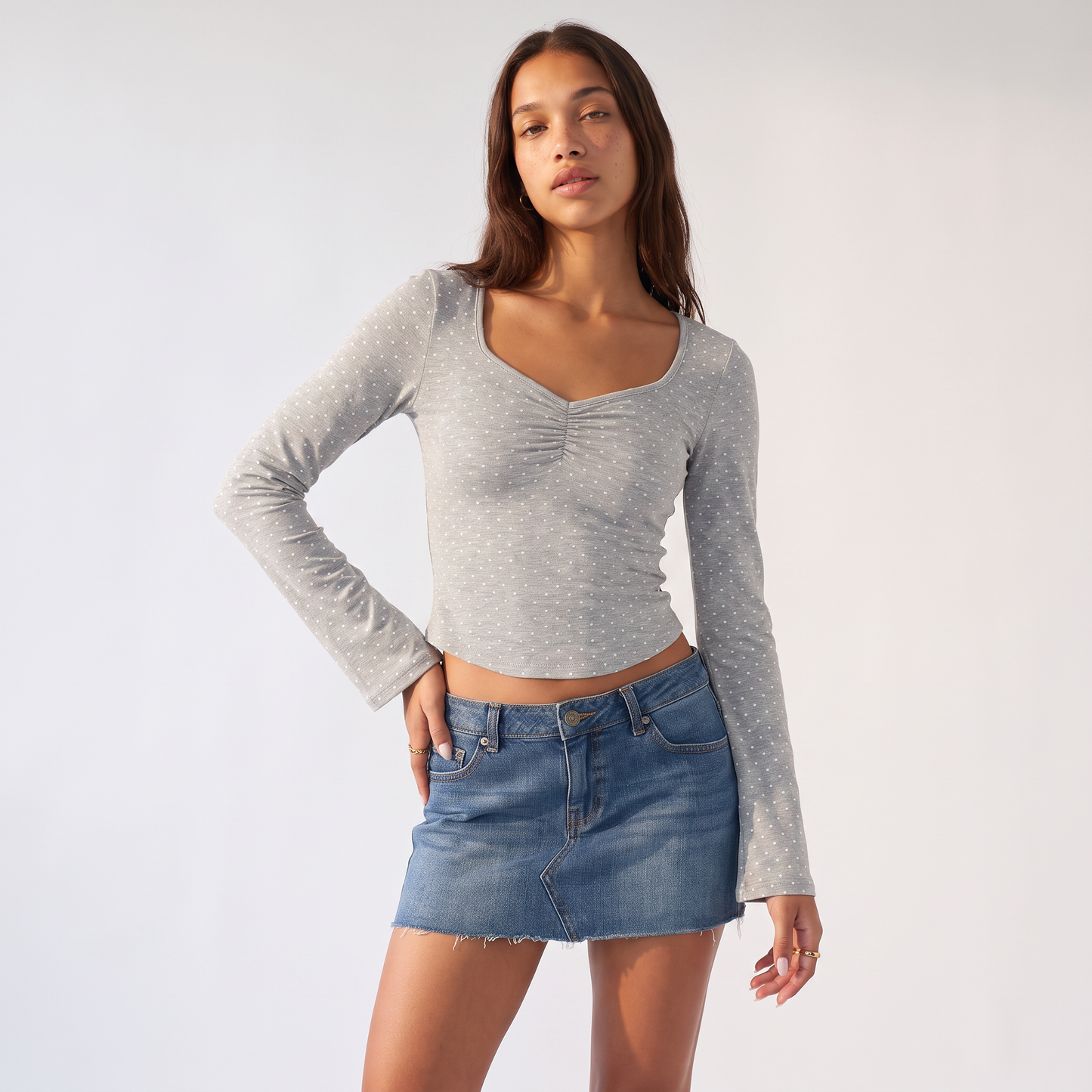 Sunoire white polka dot ruched vneck top colorway gray front crop 01