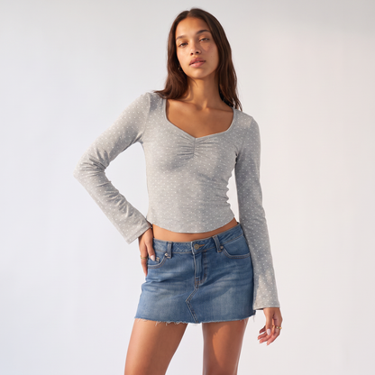 Sunoire white polka dot ruched vneck top colorway gray front crop 01