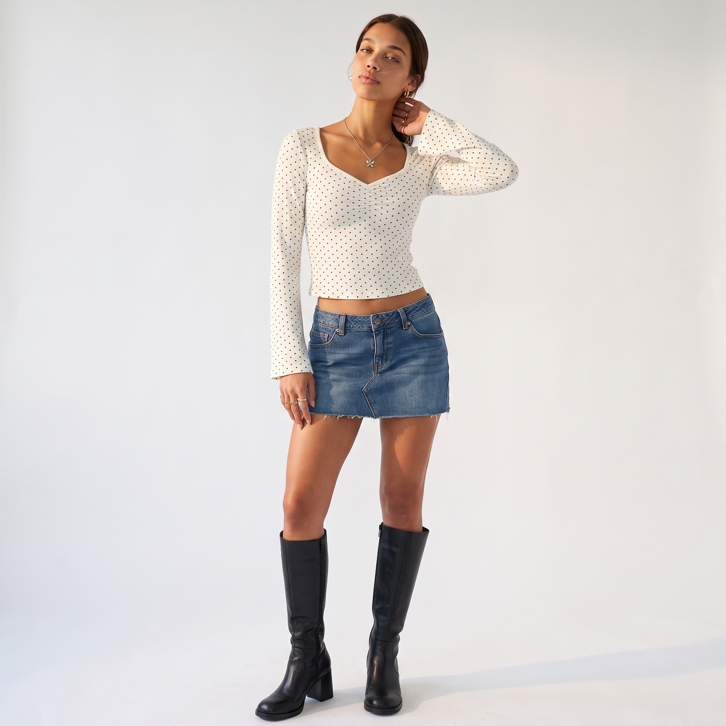 Sunoire white polka dot ruched vneck top front hero 01