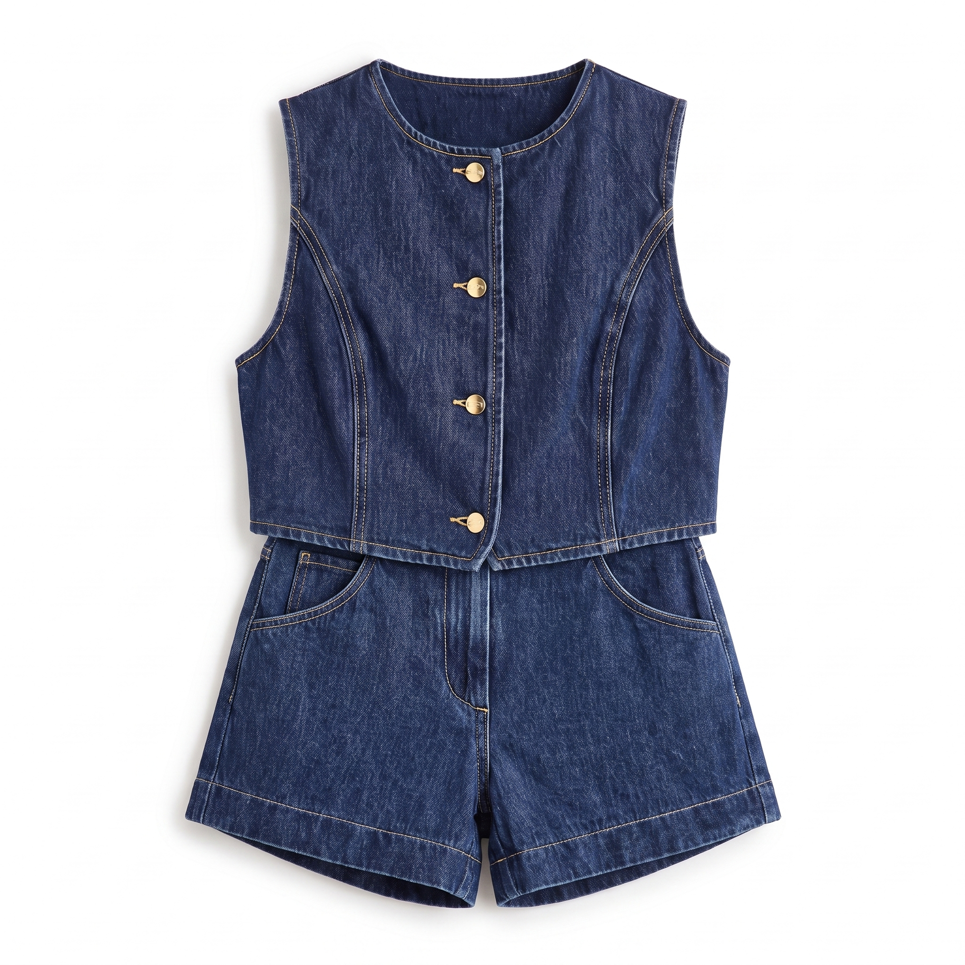 Sunoire wholesale 2025 y2k style women s sleeveless denim vest jacket and shorts two piece set outfit ready to ship for summer season garment flatlay 01