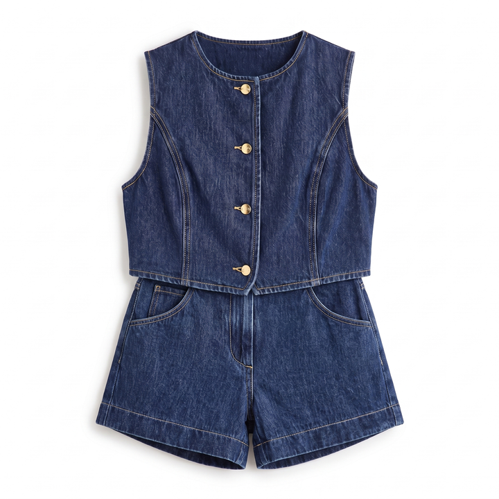 Sunoire wholesale 2025 y2k style women s sleeveless denim vest jacket and shorts two piece set outfit ready to ship for summer season garment flatlay 01