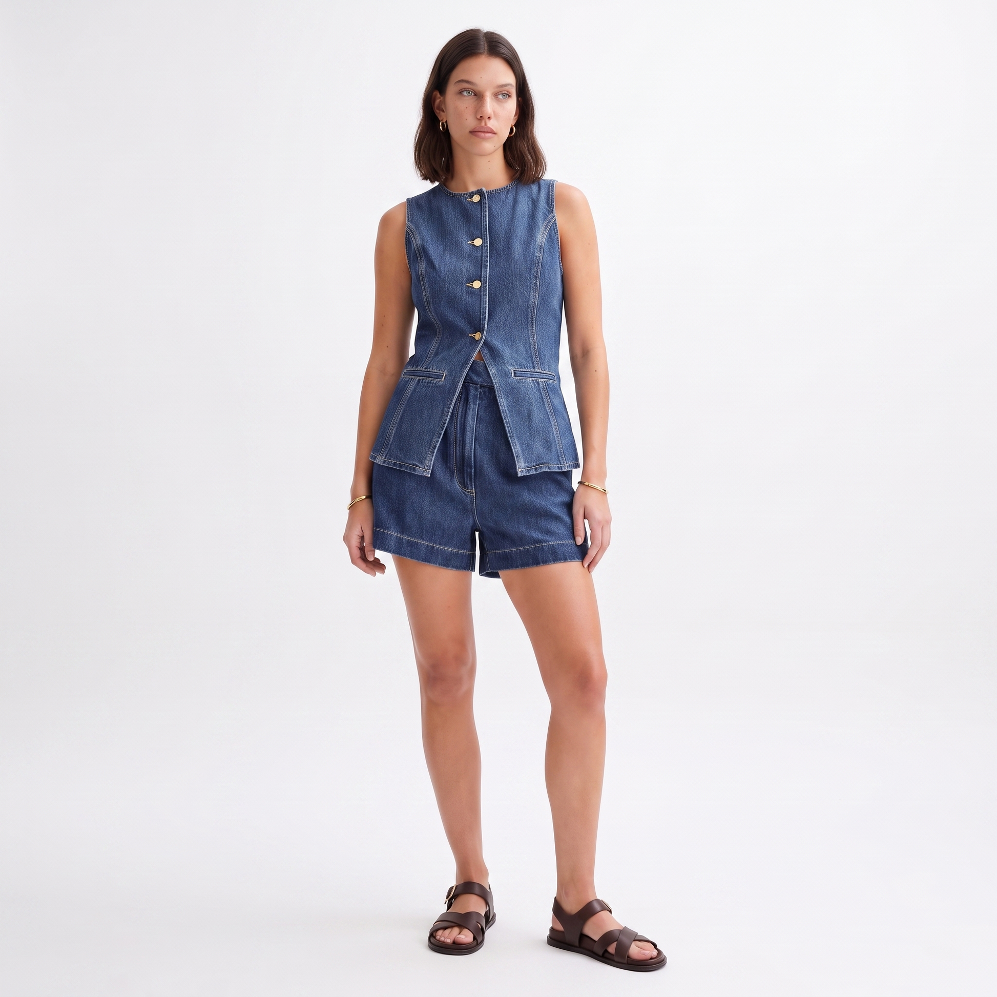 Sunoire wholesale 2025 y2k style women s sleeveless denim vest jacket and shorts two piece set outfit ready to ship for summer season colorway light denim blue front hero 01