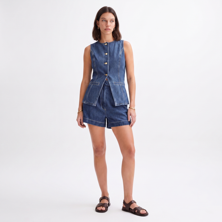 Button Front Denim Vest Shorts Set – Everyday Casual Two Piece Set — light denim blue