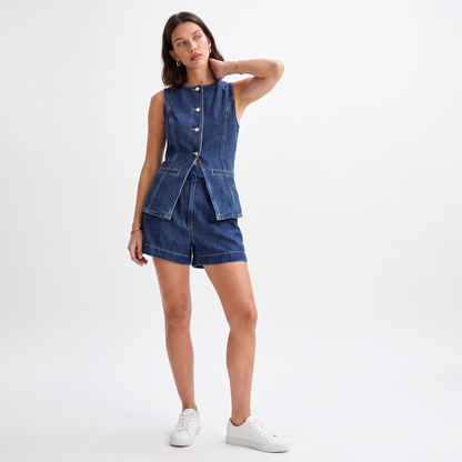 Sunoire wholesale 2025 y2k style women s sleeveless denim vest jacket and shorts two piece set outfit ready to ship for summer season front hero 01