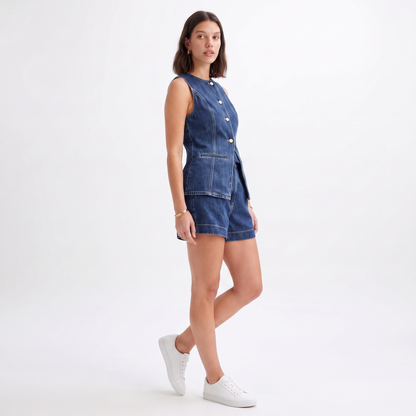 Sunoire wholesale 2025 y2k style women s sleeveless denim vest jacket and shorts two piece set outfit ready to ship for summer season three quarter 01