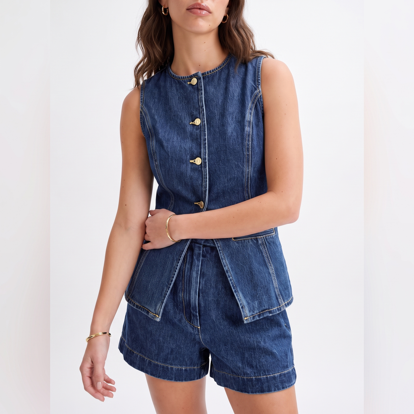 Sunoire wholesale 2025 y2k style women s sleeveless denim vest jacket and shorts two piece set outfit ready to ship for summer season torso crop 01