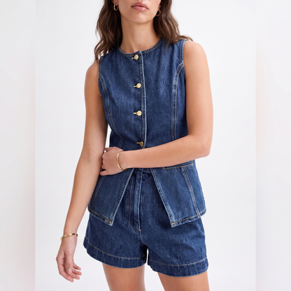 Sunoire wholesale 2025 y2k style women s sleeveless denim vest jacket and shorts two piece set outfit ready to ship for summer season torso crop 01