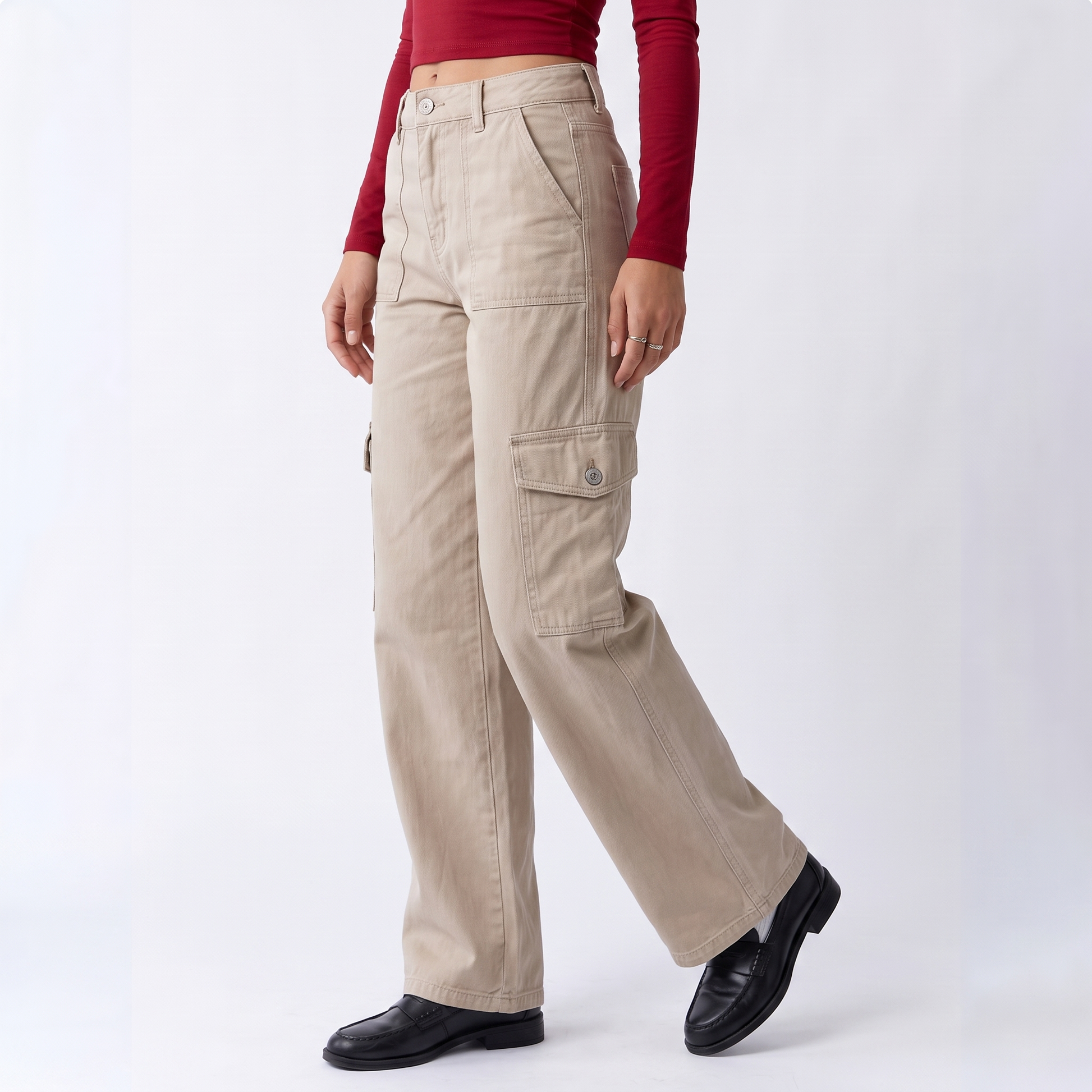 Sunoire wholesale cargo pants ladies casual trouser woman clothes pants women high waisted trousers with pocket bottom crop 3q 01