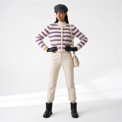 Sunoire wholesale custom striped women cardigan crew neck 12gg soft mohair feel brushed knitwear gold button crop cardigan sweater colorway lavender front hero 01