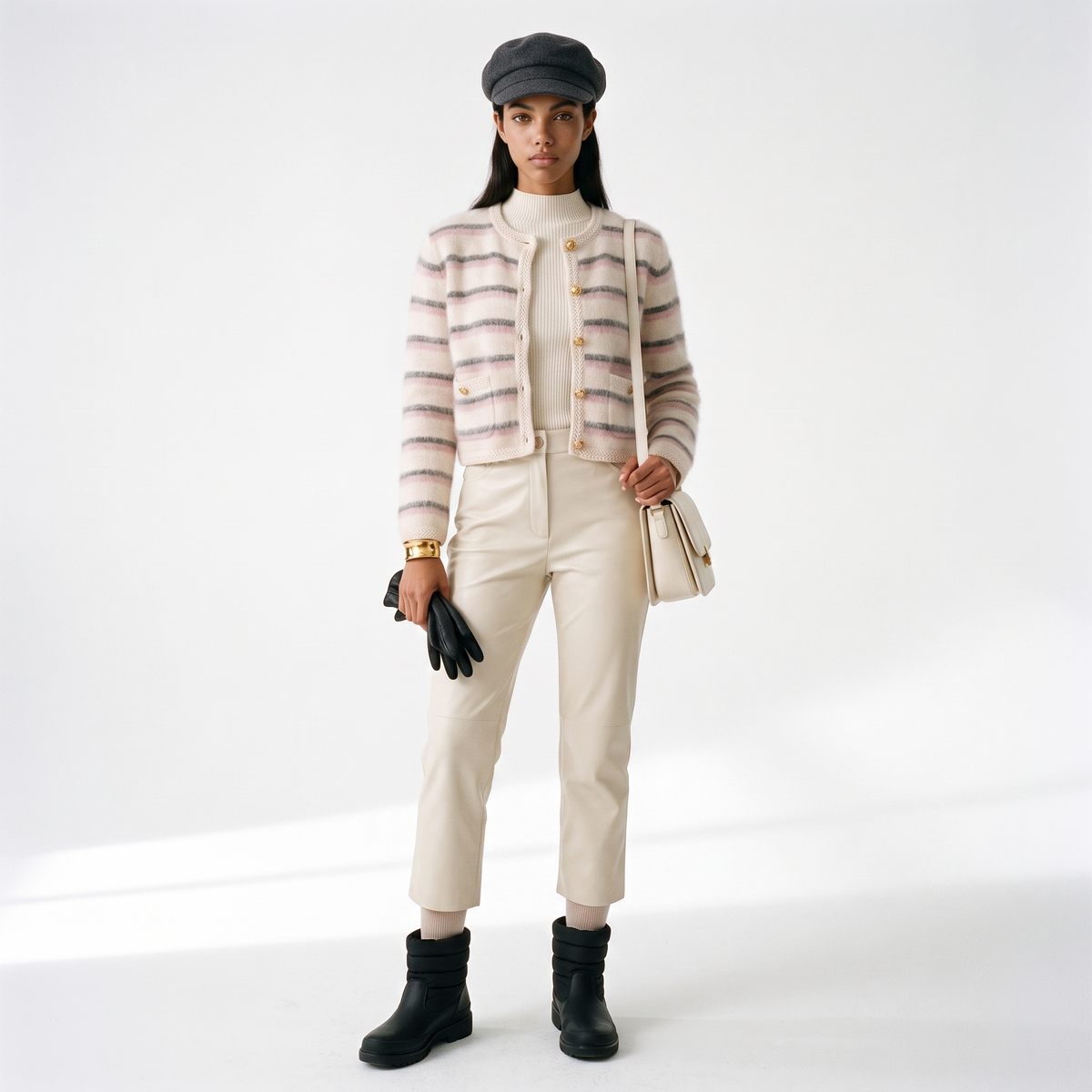 Sunoire wholesale custom striped women cardigan crew neck 12gg soft mohair feel brushed knitwear gold button crop cardigan sweater front hero 01