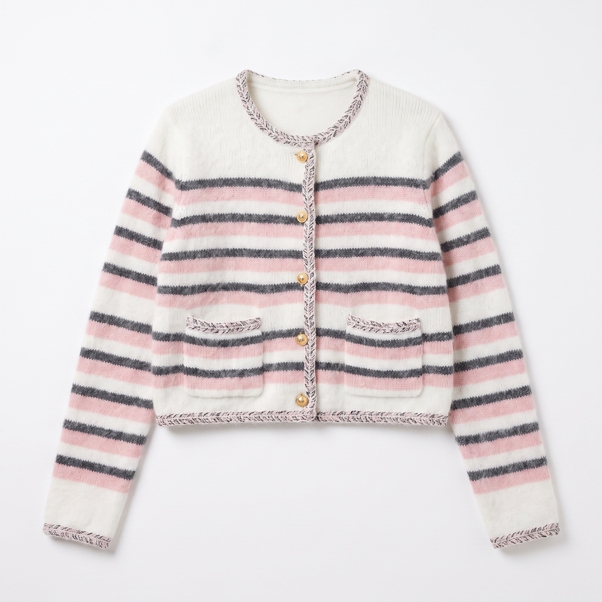 Sunoire wholesale custom striped women cardigan crew neck 12gg soft mohair feel brushed knitwear gold button crop cardigan sweater garment flatlay 01